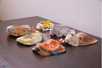 昭和期　藤原孚石作　厄除　嵯峨面　歳頭招福面　6個セット・紙箱付き(干支)(R-036869)