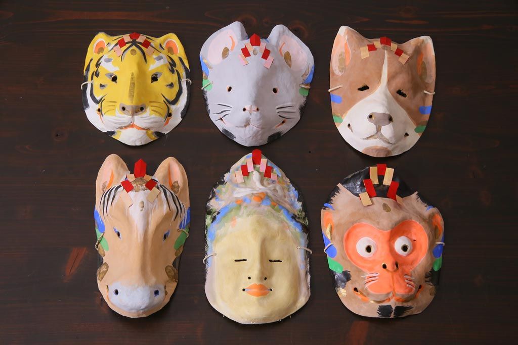 昭和期　藤原孚石作　厄除　嵯峨面　歳頭招福面　6個セット・紙箱付き(干支)(R-036869)