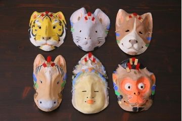 昭和期　藤原孚石作　厄除　嵯峨面　歳頭招福面　6個セット・紙箱付き(干支)(R-036869)