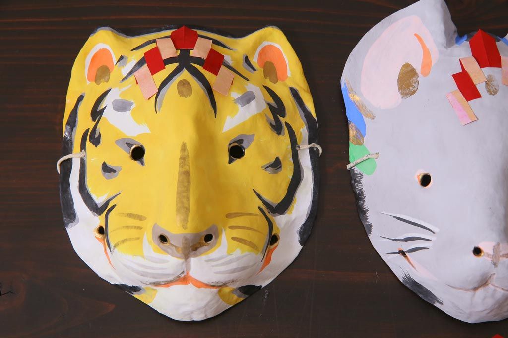 昭和期　藤原孚石作　厄除　嵯峨面　歳頭招福面　6個セット・紙箱付き(干支)(R-036869)