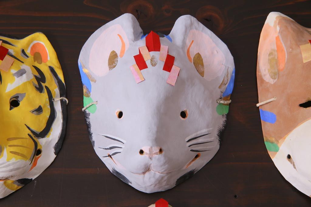 昭和期　藤原孚石作　厄除　嵯峨面　歳頭招福面　6個セット・紙箱付き(干支)(R-036869)