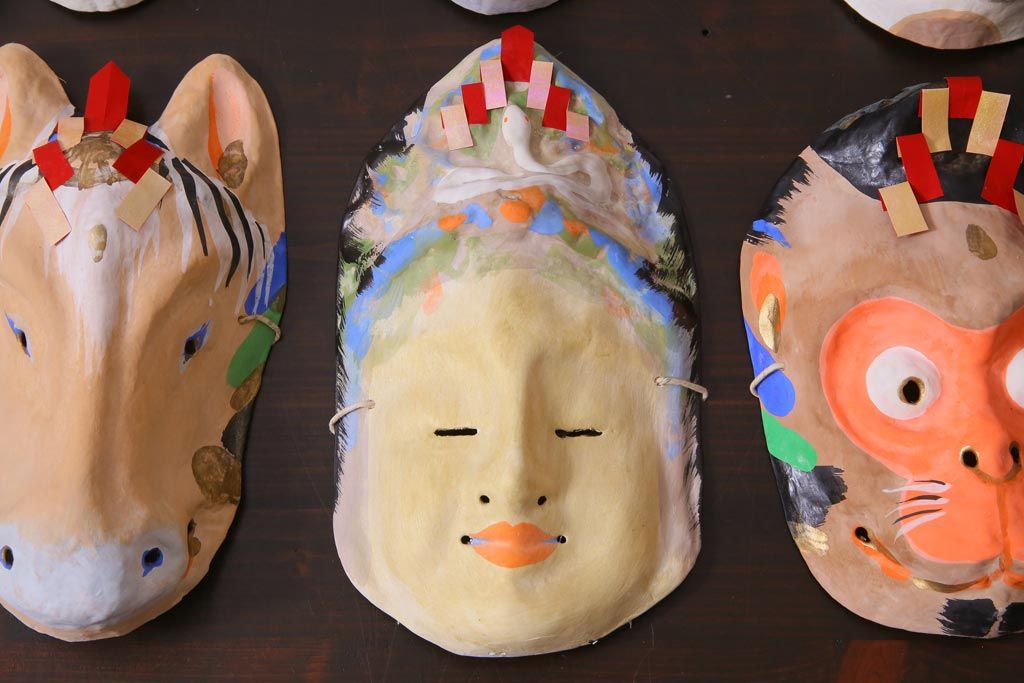 昭和期　藤原孚石作　厄除　嵯峨面　歳頭招福面　6個セット・紙箱付き(干支)(R-036869)