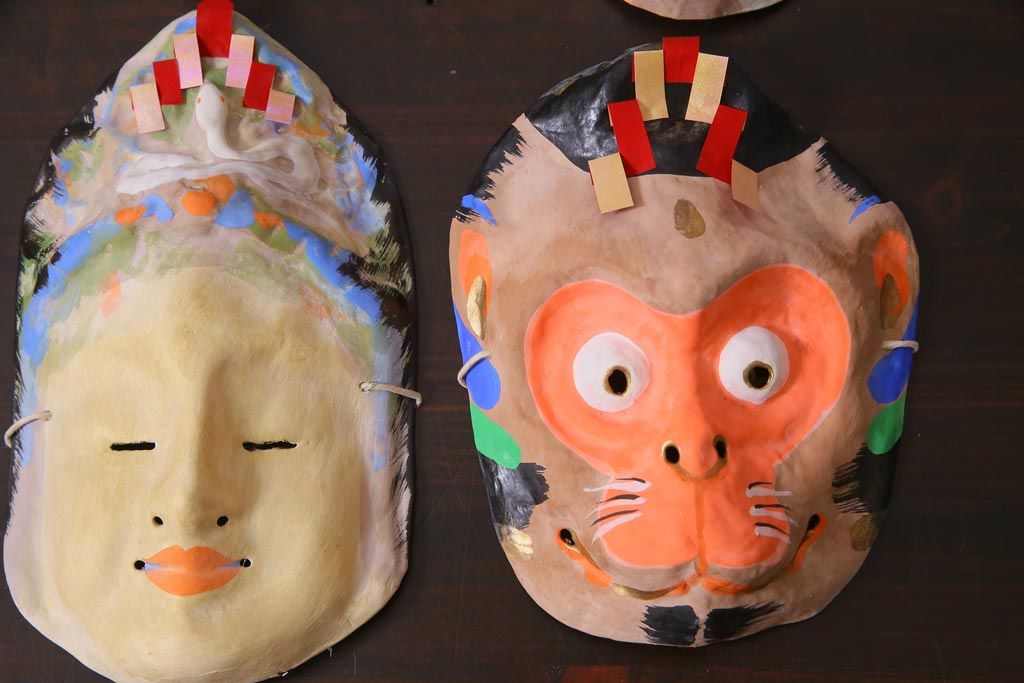 昭和期　藤原孚石作　厄除　嵯峨面　歳頭招福面　6個セット・紙箱付き(干支)(R-036869)