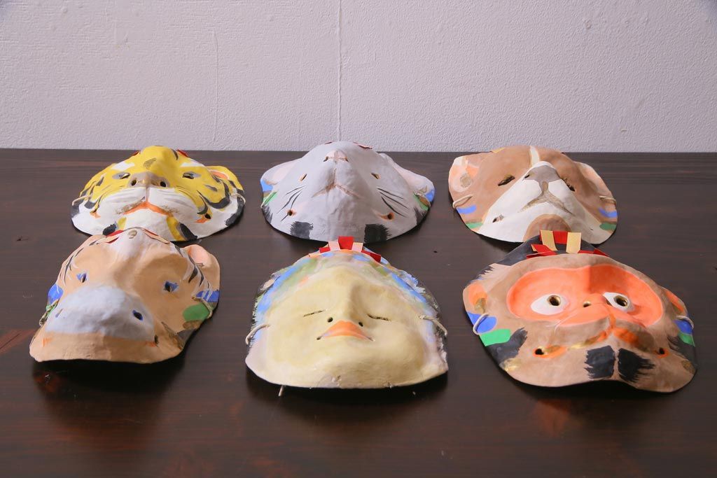 昭和期　藤原孚石作　厄除　嵯峨面　歳頭招福面　6個セット・紙箱付き(干支)(R-036869)