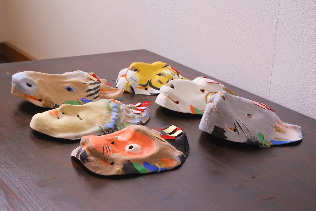 昭和期　藤原孚石作　厄除　嵯峨面　歳頭招福面　6個セット・紙箱付き(干支)(R-036870)