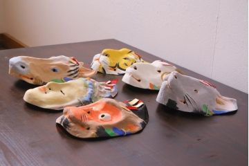 昭和期　藤原孚石作　厄除　嵯峨面　歳頭招福面　6個セット・紙箱付き(干支)(R-036870)