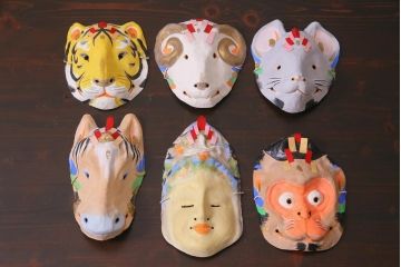 昭和期　藤原孚石作　厄除　嵯峨面　歳頭招福面　6個セット・紙箱付き(干支)(R-036870)