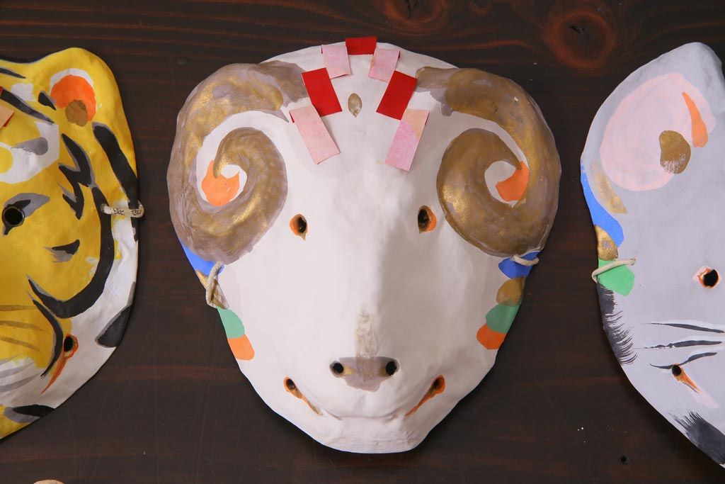 昭和期　藤原孚石作　厄除　嵯峨面　歳頭招福面　6個セット・紙箱付き(干支)(R-036870)