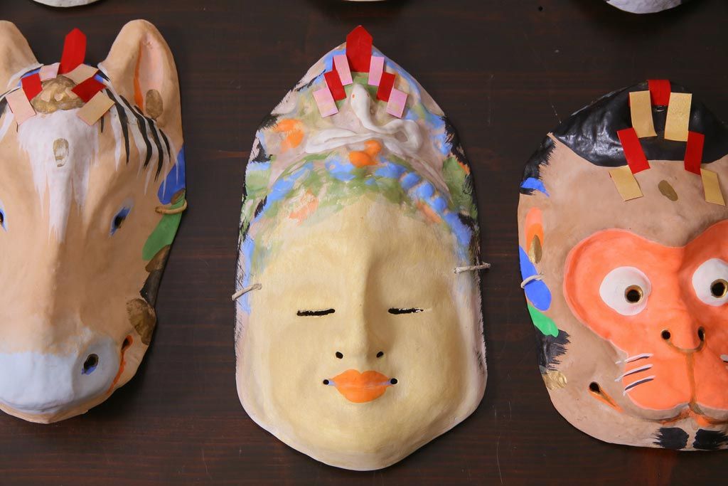 昭和期　藤原孚石作　厄除　嵯峨面　歳頭招福面　6個セット・紙箱付き(干支)(R-036870)