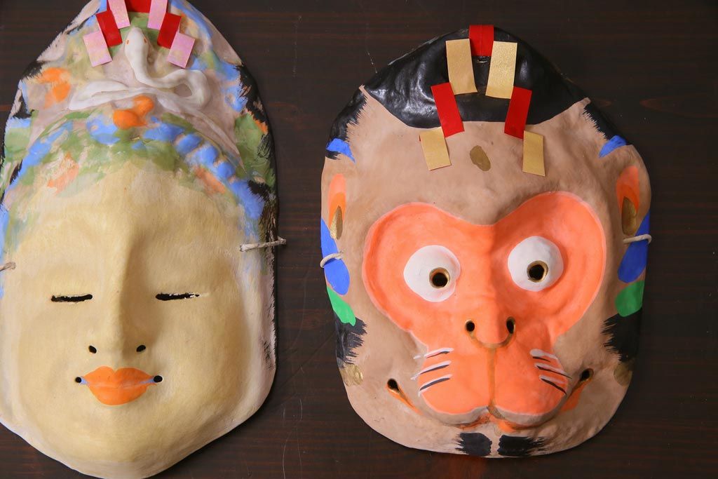 昭和期　藤原孚石作　厄除　嵯峨面　歳頭招福面　6個セット・紙箱付き(干支)(R-036870)