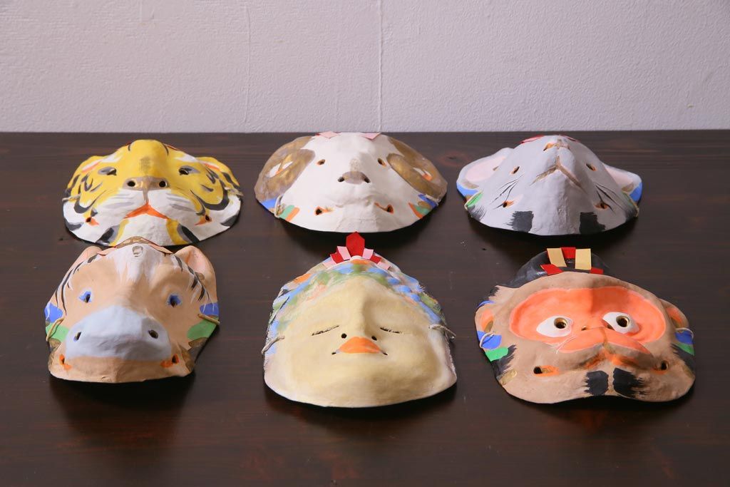 昭和期　藤原孚石作　厄除　嵯峨面　歳頭招福面　6個セット・紙箱付き(干支)(R-036870)