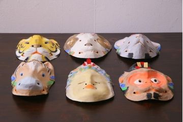 昭和期　藤原孚石作　厄除　嵯峨面　歳頭招福面　6個セット・紙箱付き(干支)(R-036870)