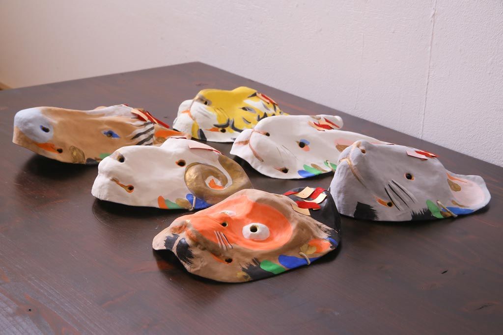 昭和期　藤原孚石作　厄除　嵯峨面　歳頭招福面　6個セット・紙箱付き(干支)(R-036871)