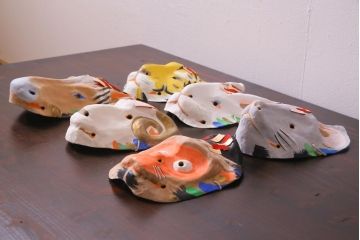 昭和期　藤原孚石作　厄除　嵯峨面　歳頭招福面　6個セット・紙箱付き(干支)(R-036871)