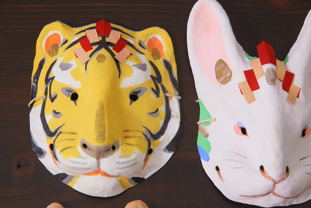 昭和期　藤原孚石作　厄除　嵯峨面　歳頭招福面　6個セット・紙箱付き(干支)(R-036871)