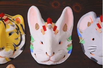 昭和期　藤原孚石作　厄除　嵯峨面　歳頭招福面　6個セット・紙箱付き(干支)(R-036871)