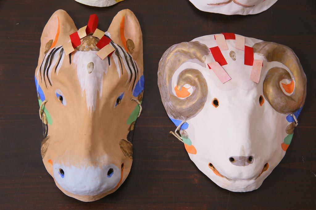 昭和期　藤原孚石作　厄除　嵯峨面　歳頭招福面　6個セット・紙箱付き(干支)(R-036871)