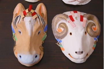 昭和期　藤原孚石作　厄除　嵯峨面　歳頭招福面　6個セット・紙箱付き(干支)(R-036871)