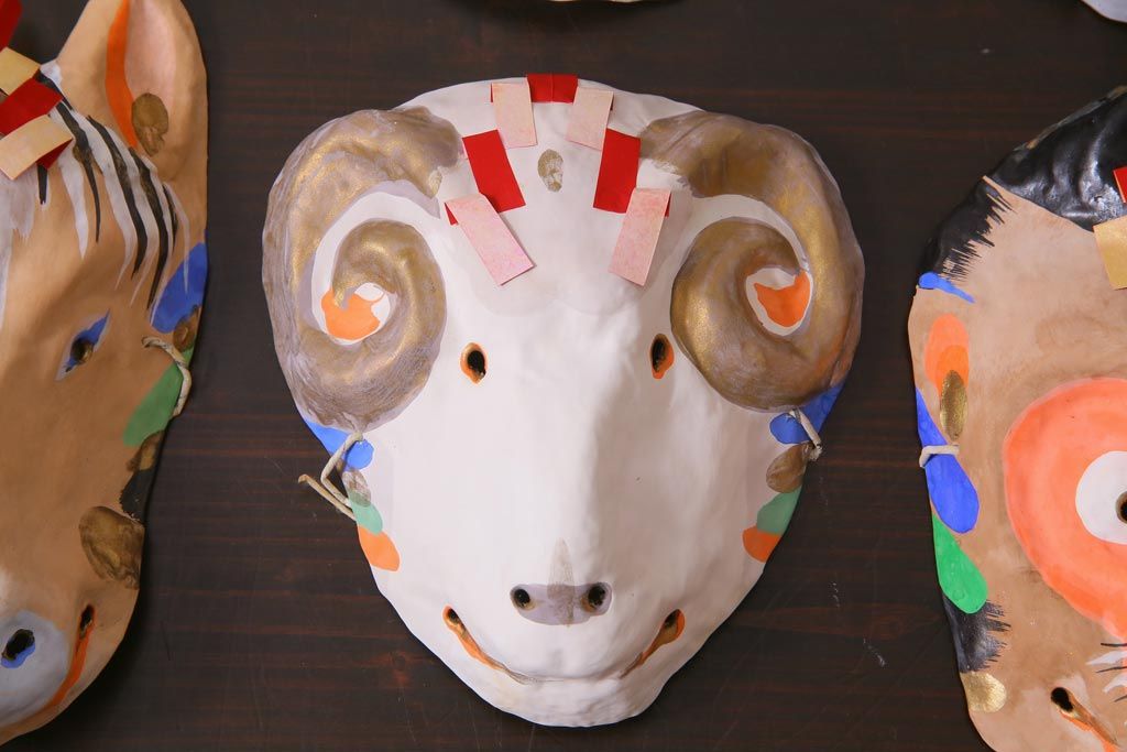 昭和期　藤原孚石作　厄除　嵯峨面　歳頭招福面　6個セット・紙箱付き(干支)(R-036871)