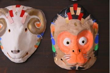 昭和期　藤原孚石作　厄除　嵯峨面　歳頭招福面　6個セット・紙箱付き(干支)(R-036871)