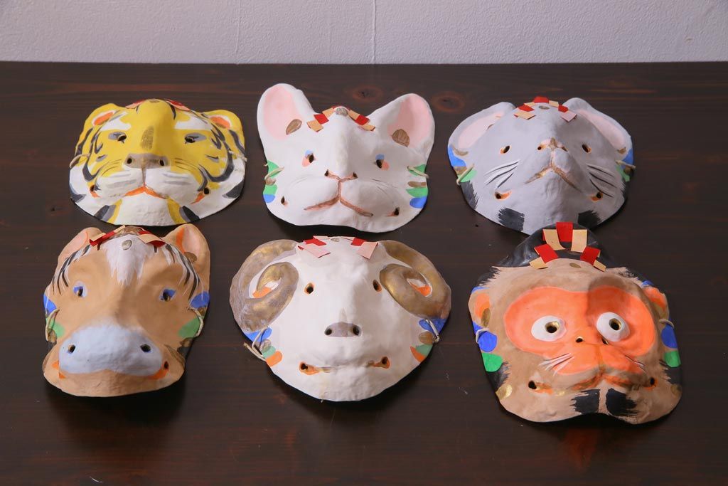 昭和期　藤原孚石作　厄除　嵯峨面　歳頭招福面　6個セット・紙箱付き(干支)(R-036871)