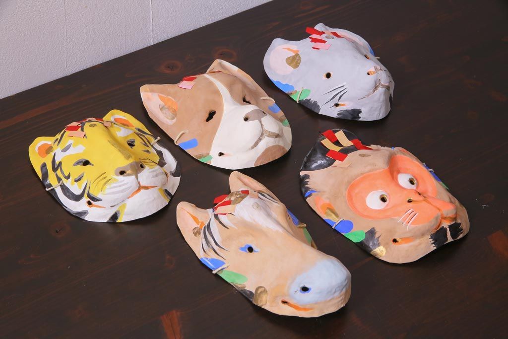 昭和期　藤原孚石作　厄除　嵯峨面　歳頭招福面　5個セット・紙箱付き(干支)(R-036872)