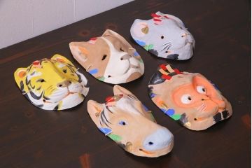 昭和期　藤原孚石作　厄除　嵯峨面　歳頭招福面　5個セット・紙箱付き(干支)(R-036872)