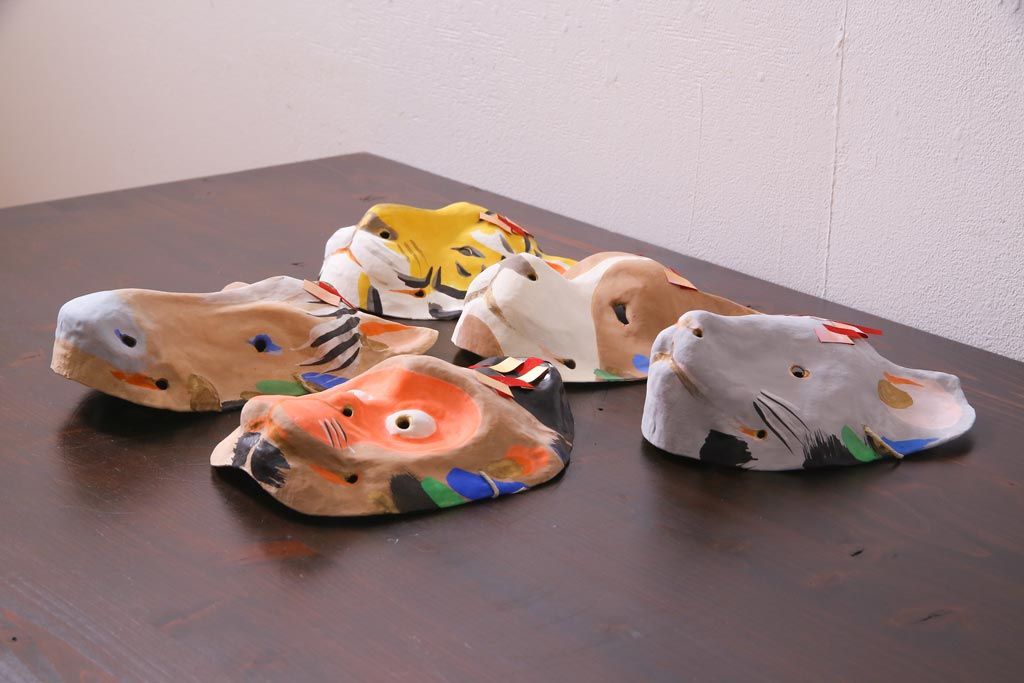 昭和期　藤原孚石作　厄除　嵯峨面　歳頭招福面　5個セット・紙箱付き(干支)(R-036872)