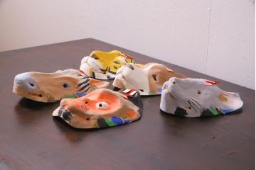 昭和期　藤原孚石作　厄除　嵯峨面　歳頭招福面　5個セット・紙箱付き(干支)(R-036872)