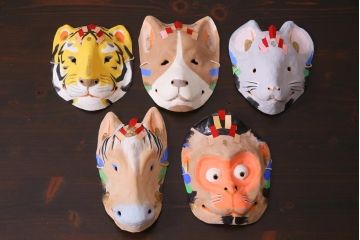 昭和期　藤原孚石作　厄除　嵯峨面　歳頭招福面　5個セット・紙箱付き(干支)(R-036872)