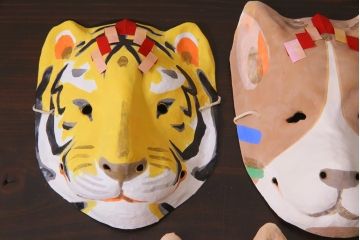 昭和期　藤原孚石作　厄除　嵯峨面　歳頭招福面　5個セット・紙箱付き(干支)(R-036872)