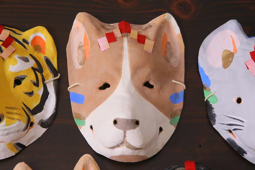 昭和期　藤原孚石作　厄除　嵯峨面　歳頭招福面　5個セット・紙箱付き(干支)(R-036872)