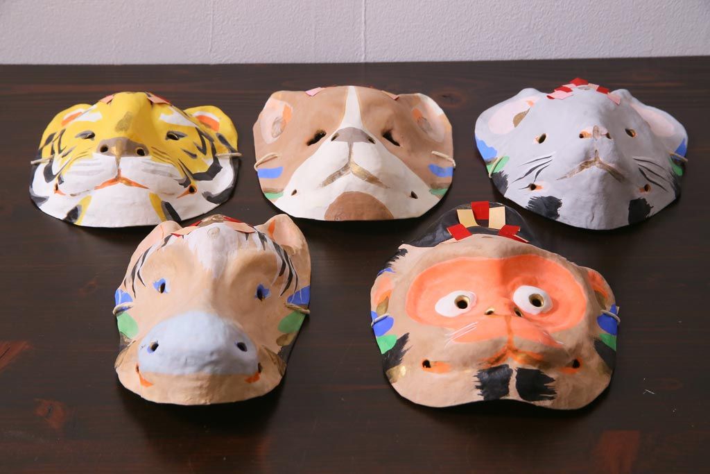 昭和期　藤原孚石作　厄除　嵯峨面　歳頭招福面　5個セット・紙箱付き(干支)(R-036872)