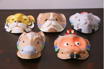 昭和期　藤原孚石作　厄除　嵯峨面　歳頭招福面　5個セット・紙箱付き(干支)(R-036872)