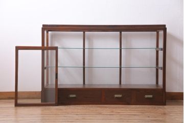 レトロ家具　ヒノキ材　シンプルな引き出し付きガラスケース(ショーケース、陳列棚)(R-036875)