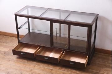 アンティーク家具　大正ロマン　総ケヤキ材　風格漂うガラスケース(ショーケース、陳列棚)(R-036934)