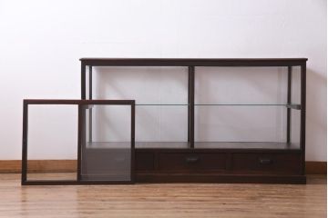アンティーク家具　大正ロマン　総ケヤキ材　風格漂うガラスケース(ショーケース、陳列棚)(R-036934)