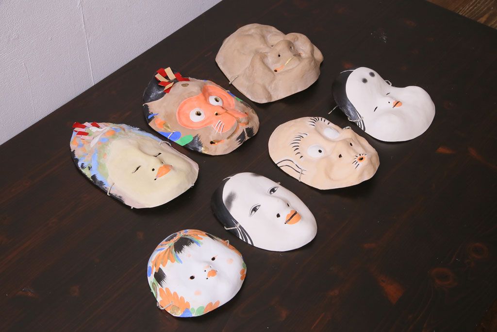 昭和期　藤原孚石作　嵯峨面　厄除 福寿　7個セット・紙箱付き(お多福、稚児面、ひょっとこ 等)(R-036946)