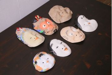 昭和期　藤原孚石作　嵯峨面　厄除 福寿　7個セット・紙箱付き(お多福、稚児面、ひょっとこ 等)(R-036946)