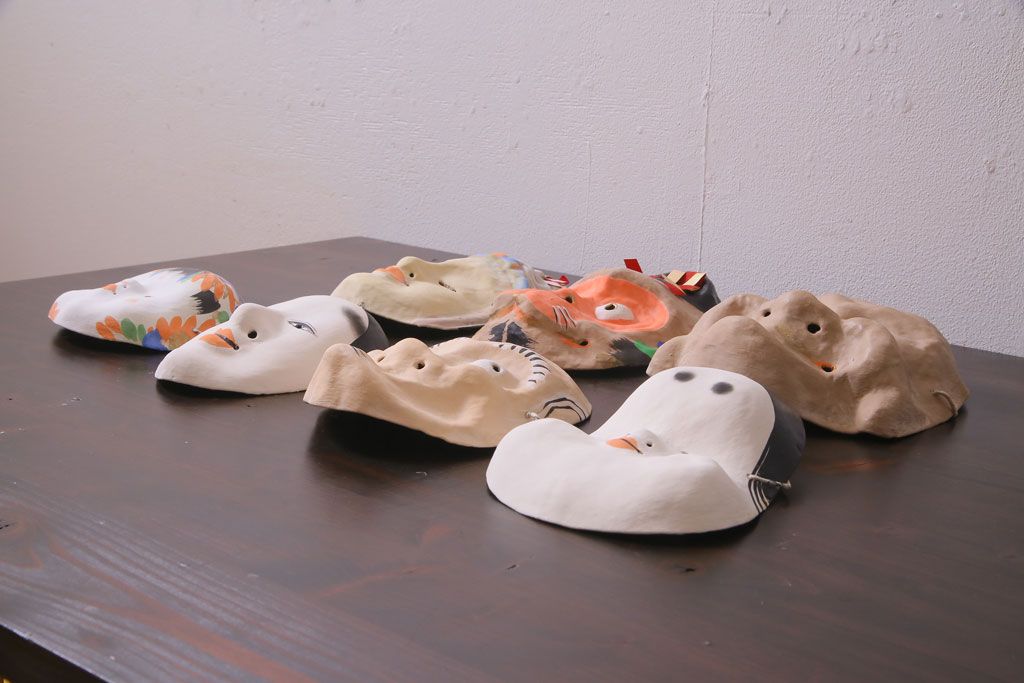 昭和期　藤原孚石作　嵯峨面　厄除 福寿　7個セット・紙箱付き(お多福、稚児面、ひょっとこ 等)(R-036946)