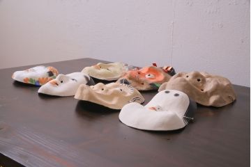 昭和期　藤原孚石作　嵯峨面　厄除 福寿　7個セット・紙箱付き(お多福、稚児面、ひょっとこ 等)(R-036946)