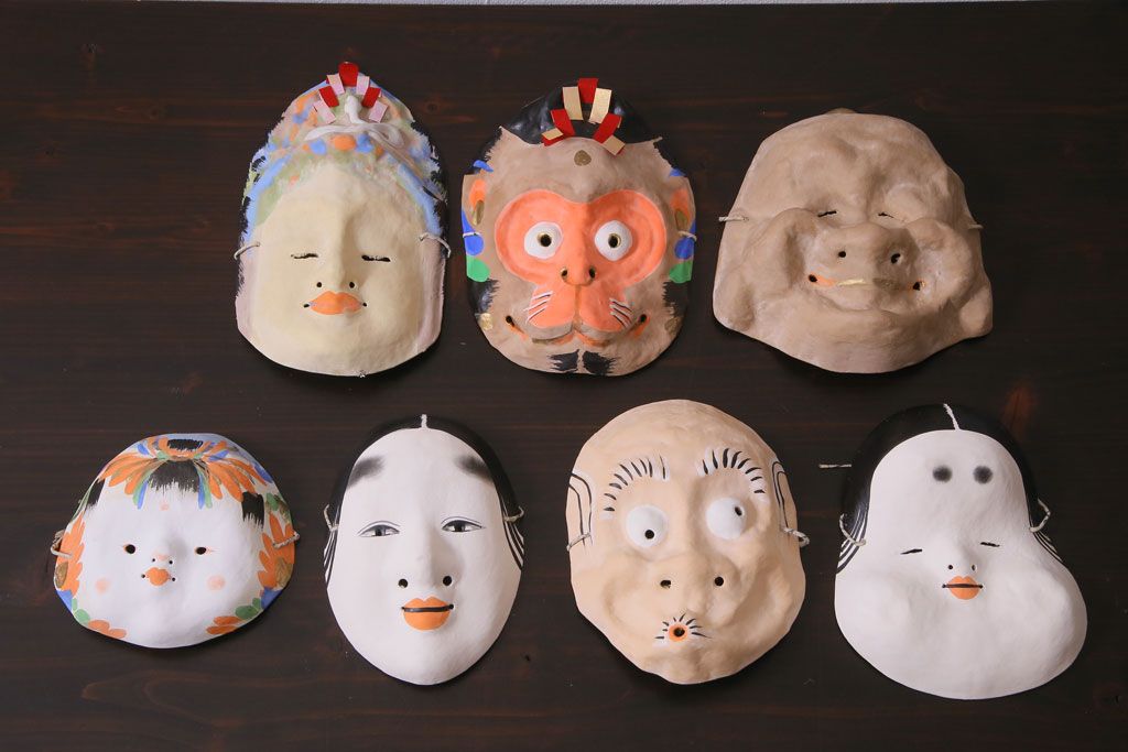 昭和期　藤原孚石作　嵯峨面　厄除 福寿　7個セット・紙箱付き(お多福、稚児面、ひょっとこ 等)(R-036946)