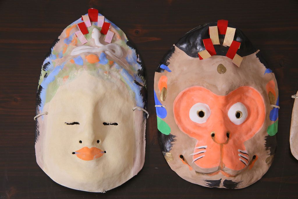 昭和期　藤原孚石作　嵯峨面　厄除 福寿　7個セット・紙箱付き(お多福、稚児面、ひょっとこ 等)(R-036946)