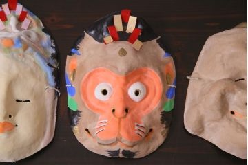 昭和期　藤原孚石作　嵯峨面　厄除 福寿　7個セット・紙箱付き(お多福、稚児面、ひょっとこ 等)(R-036946)