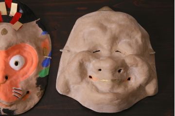 昭和期　藤原孚石作　嵯峨面　厄除 福寿　7個セット・紙箱付き(お多福、稚児面、ひょっとこ 等)(R-036946)