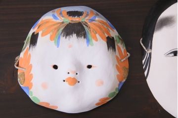 昭和期　藤原孚石作　嵯峨面　厄除 福寿　7個セット・紙箱付き(お多福、稚児面、ひょっとこ 等)(R-036946)