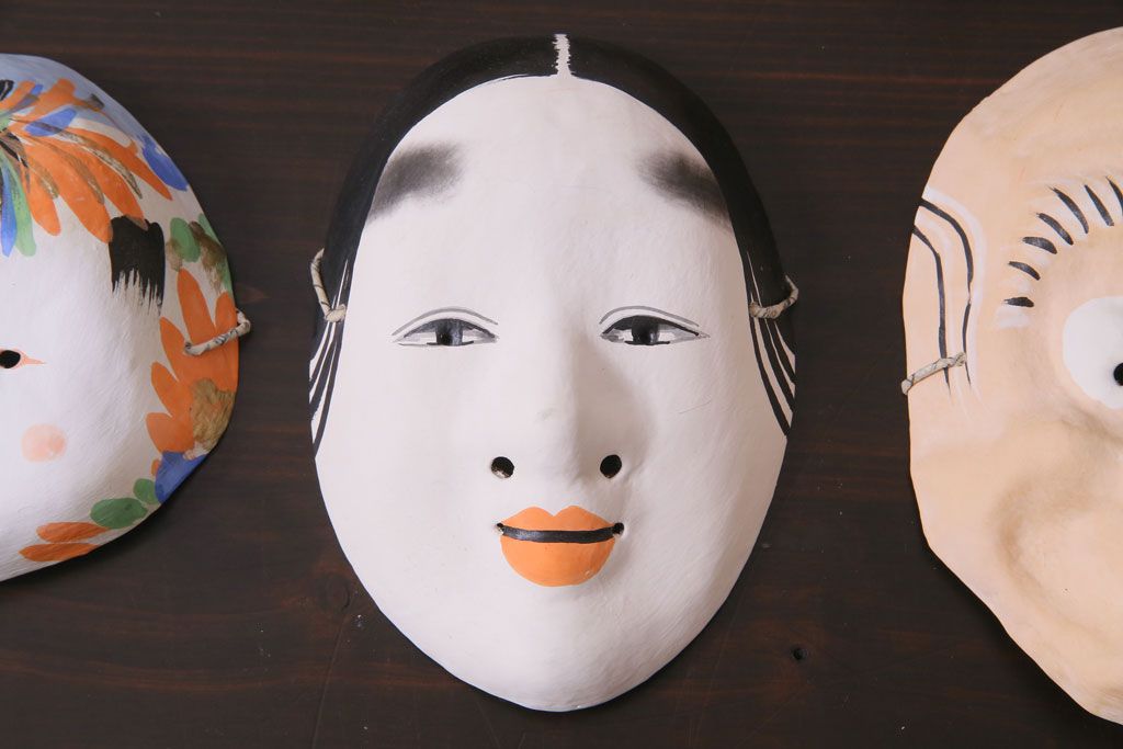 昭和期　藤原孚石作　嵯峨面　厄除 福寿　7個セット・紙箱付き(お多福、稚児面、ひょっとこ 等)(R-036946)