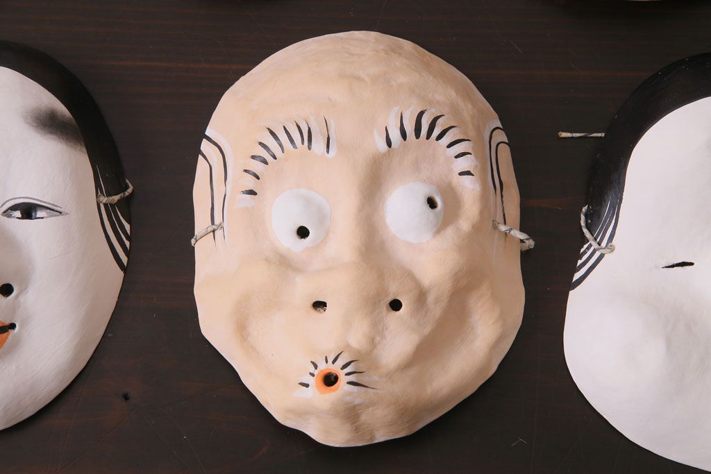 昭和期　藤原孚石作　嵯峨面　厄除 福寿　7個セット・紙箱付き(お多福、稚児面、ひょっとこ 等)(R-036946)