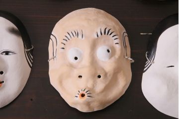 昭和期　藤原孚石作　嵯峨面　厄除 福寿　7個セット・紙箱付き(お多福、稚児面、ひょっとこ 等)(R-036946)