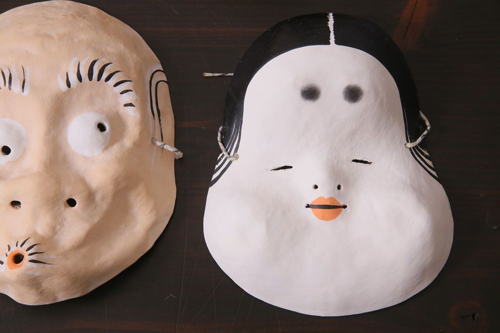 昭和期　藤原孚石作　嵯峨面　厄除 福寿　7個セット・紙箱付き(お多福、稚児面、ひょっとこ 等)(R-036946)